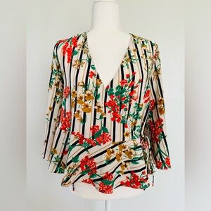 Zara White Cream Floral Wrap Blouse with 3/4 Sleeves - XS